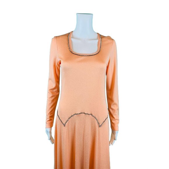 Vintage 70s Formal Gown Women's Small Rhinestone Trim Peach Long Sleeve Dress - Picture 3 of 10
